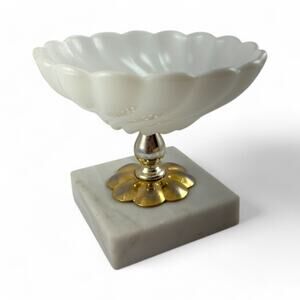Vintage White Milk Glass Compote Dish Brass Accents on Marble Base, Mid-Century